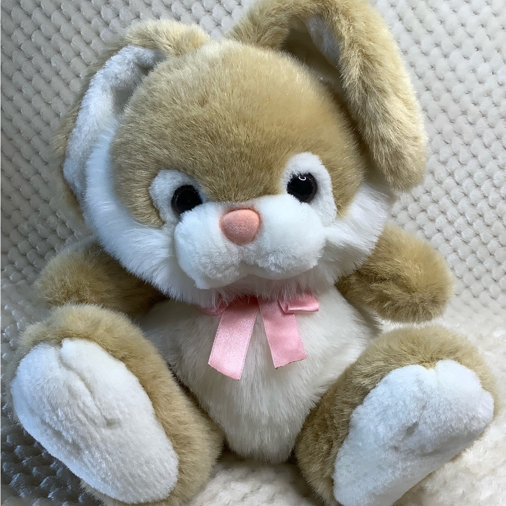 Unbranded Plush Tan White Bunny Rabbit Stuffed Animal Toy with Pink Bow